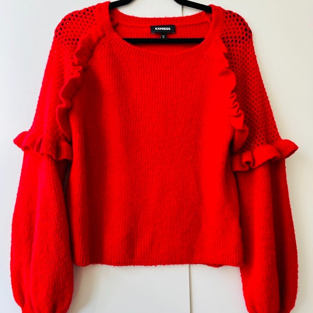 Express Women Red Knit Ruffled Eyelet Detail Ballon Sleeve Pullover Sweater Sz S